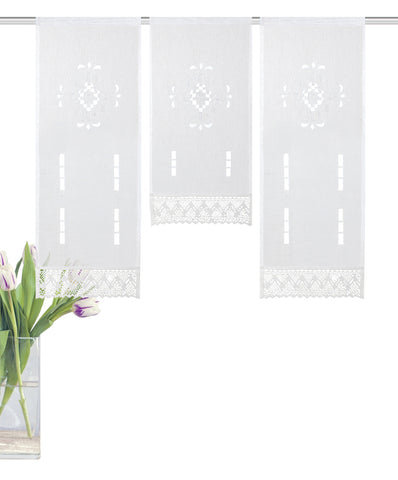 Mini Flächenvorhang Set / Fensterbehang Lochstickerei mit Borte "Alegra" Scheibengardine Mini Flächenvorhang Set / Fensterbehang Lochstickerei mit Borte "Alegra" Scheibengardine