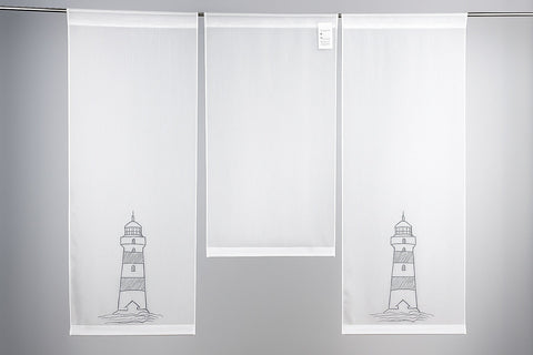 Design Mini Flächenvorhang Set weiß bestickt Leuchtturm grau 4142