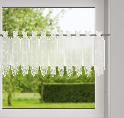 Scheibengardine Leinenoptik bestickt Blätter 150x30/45cm Makramee