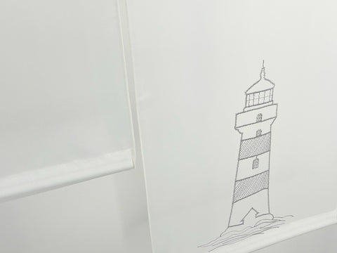 Design Mini Flächenvorhang Set weiß bestickt Leuchtturm grau 4142