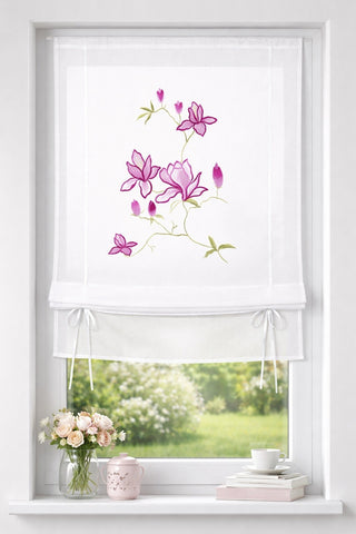 Bändchenraffrollo weiß pink Blume BxH 60x10cm
