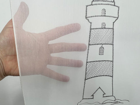 Design Mini Flächenvorhang Set weiß bestickt Leuchtturm grau 4142