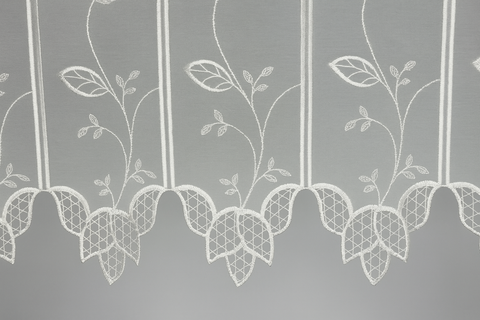 Scheibengardine Leinenoptik bestickt Blätter 150x30/45cm Makramee