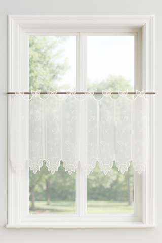 Scheibengardine Leinenoptik bestickt Blätter 150x30/45cm Makramee