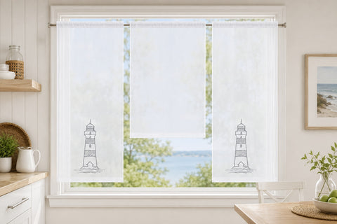 Design Mini Flächenvorhang Set weiß bestickt Leuchtturm grau 4142