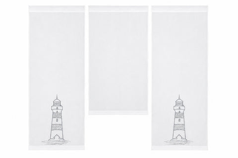 Design Mini Flächenvorhang Set weiß bestickt Leuchtturm grau 4142