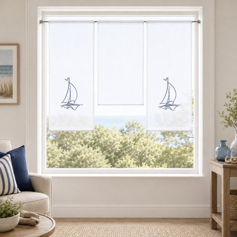 Design Mini Flächenvorhang Set bestickt Segelboot blau 4114