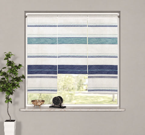 Design Mini Flächenvorhang Set blau Leinen Webstreifen Scheibengardine