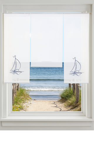 Design Mini Flächenvorhang Set bestickt Segelboot blau