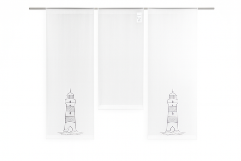Design Mini Flächenvorhang Set weiß bestickt Leuchtturm grau 4142