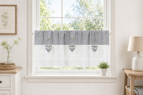 Scheibengardine Landhaus grau Herz HxB 48x140cm