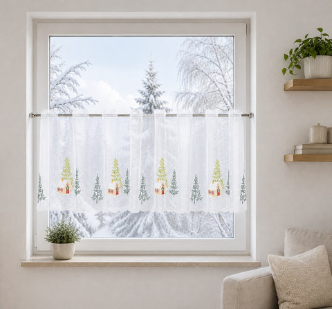 Scheibengardine bestickt Winterlandschaft BxH 48x140cm