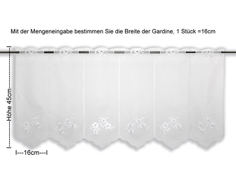 Scheibengardine Blume bestickt weiß Höhe 30/45/60/90cm nach Maß