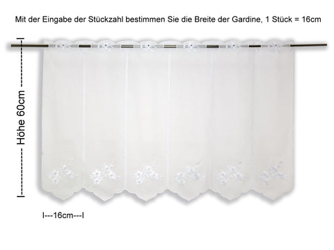 Scheibengardine Blume bestickt weiß Höhe 30/45/60/90cm nach Maß