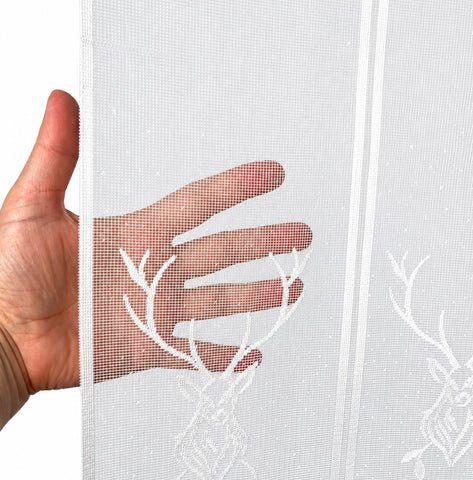 Nach Maß Scheibengardine Jacquard Hirsch weiß Höhe 45/60/75/90cm