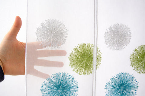 Nach Maß Scheibengardine Rawlins blau grün bestickt Höhe 45/60cm