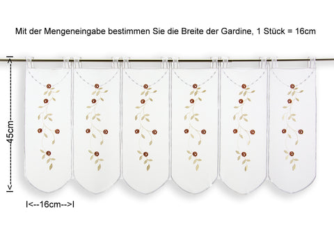 nach Maß Scheibengardine weiß Rose Höhe 45cm bestickt creme rostbraun