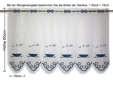 nach Maß Scheibengardine Segelboot blau bestickt Höhe 45/60cm