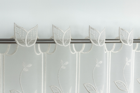 Scheibengardine Leinenoptik bestickt Blätter 150x30/45cm Makramee