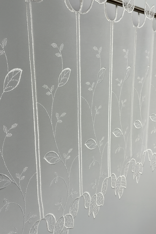 Scheibengardine Leinenoptik bestickt Blätter 150x30/45cm Makramee