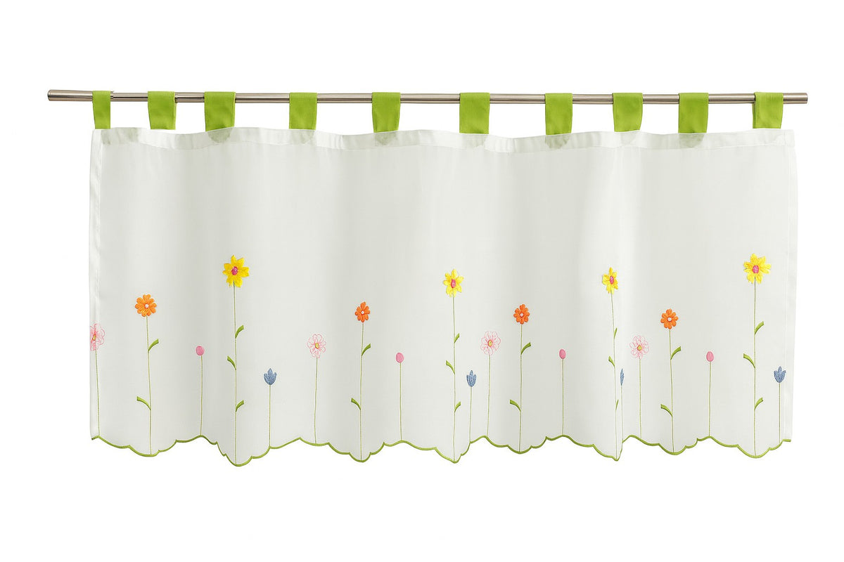 Scheibengardine bestickt Blumen Schlaufen Bistrogardine Panneaux HxB 48x140cm