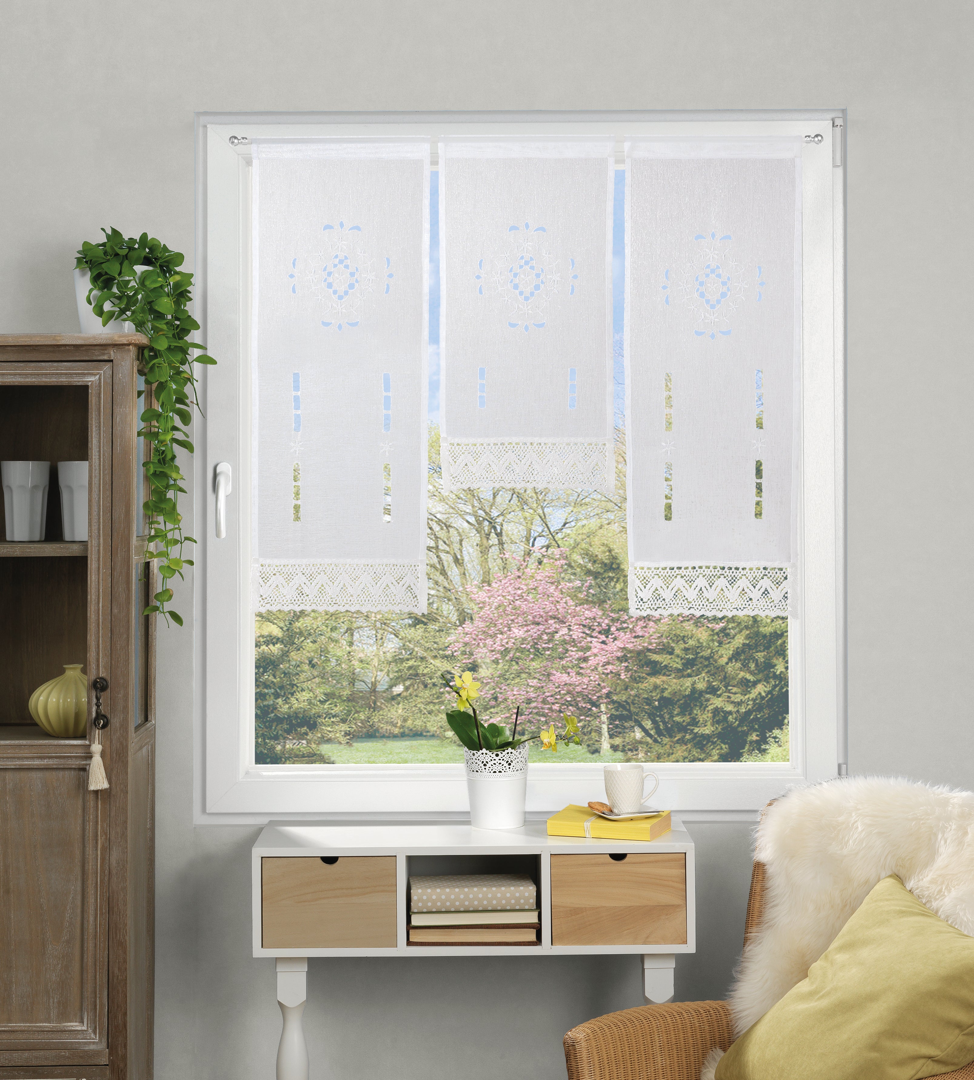 Mini Flächenvorhang Set / Fensterbehang Lochstickerei mit Borte "Alegra" Scheibengardine
