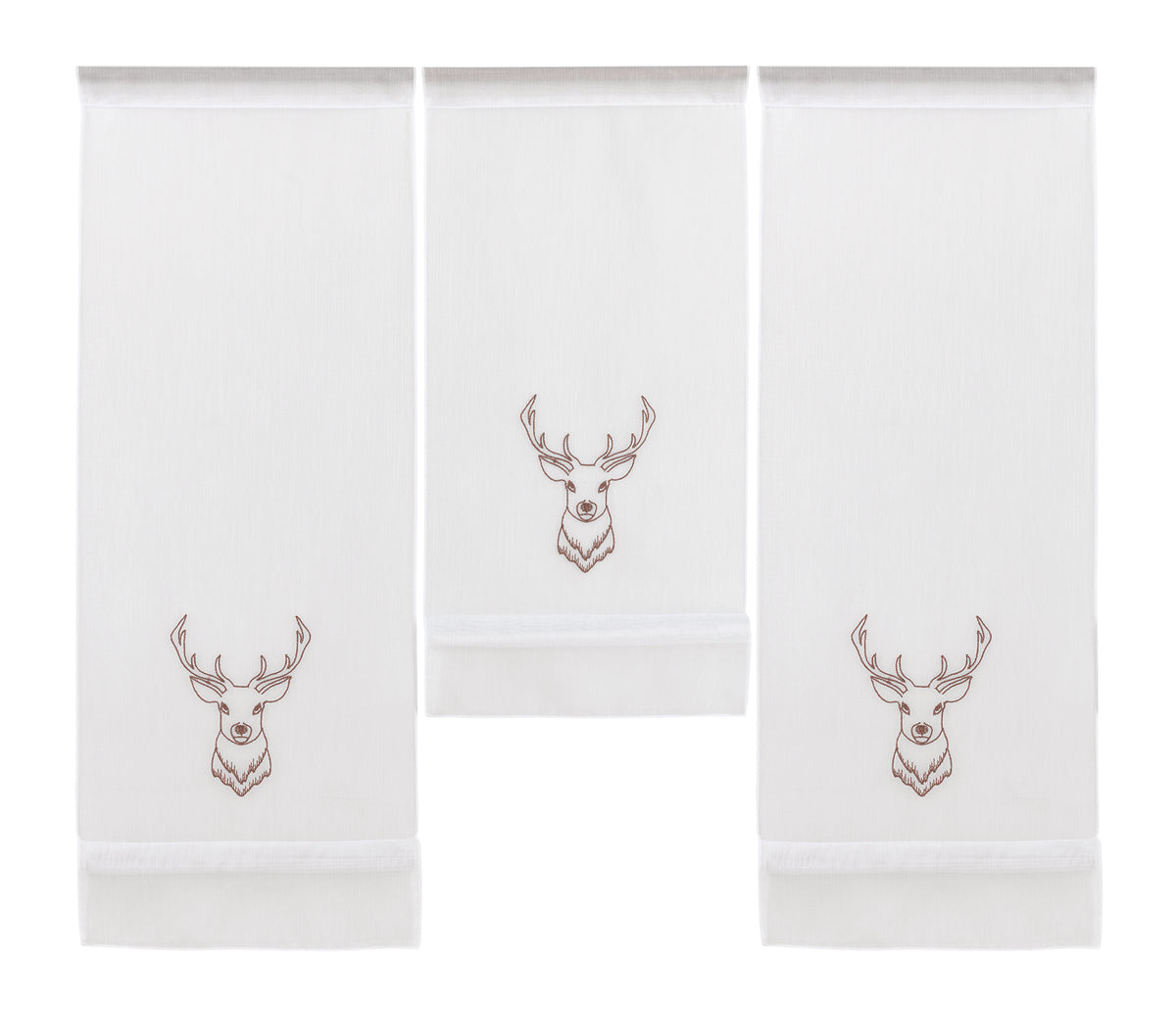 Design Mini Flächenvorhang Set weiß bestickt Hirsch braun 4056-01