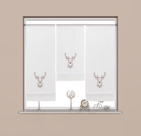 Design Mini Flächenvorhang Set weiß bestickt Hirsch braun 4056-01