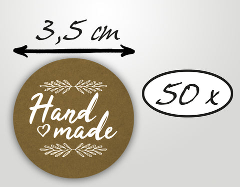 50 Stück hochwertige Etiketten Aufkleber "Hand Made" rund mit hoher Klebekraft 4cm matt